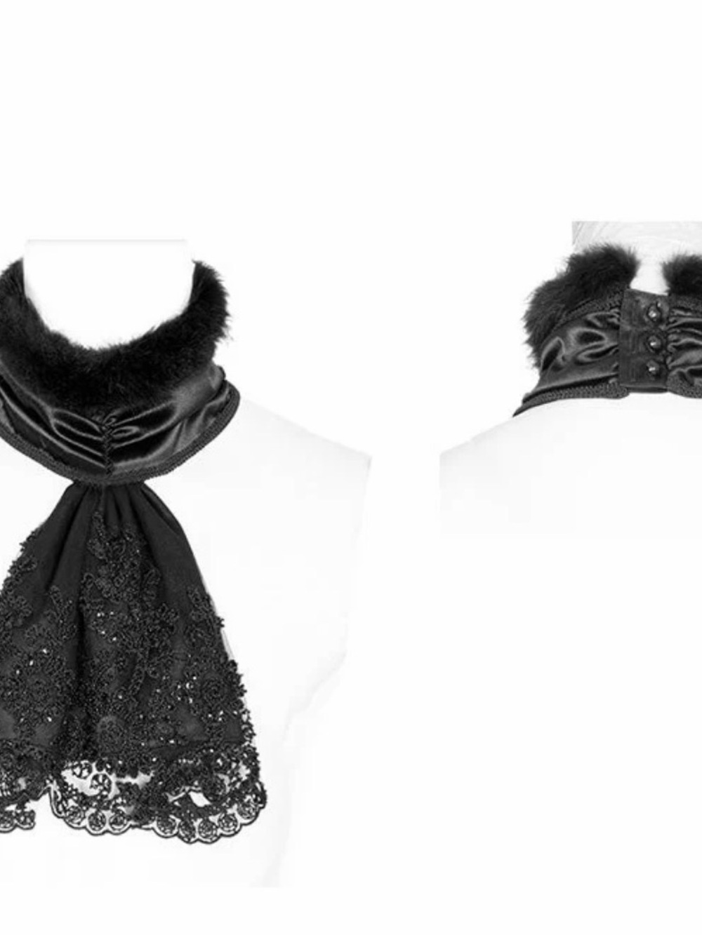 Punk Rave Dracula Gothic Lace Silk Embroidered Collar Scarf With Faux Fur. NEW